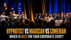 Corrie J performing a comedy hypnosis show for a corporate event audience