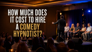 Comedy hypnotist entertaining volunteers and guests at a corporate event